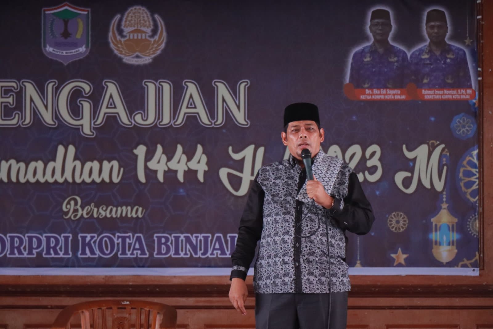 Wali Kota Binjai Drs H Amir Hamzah MAP hadiri pengajian bulan Ramadan 1444H yang diselenggarakan oleh Korpri Kota Binjai di Pendopo Umar Baki, Jumat (31/3/2023).