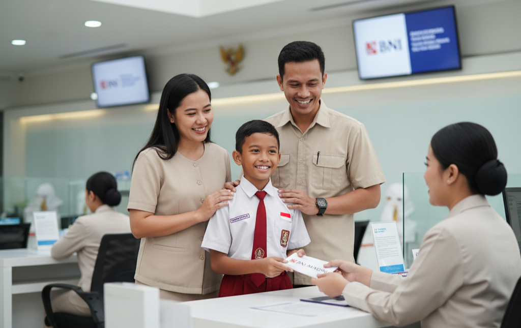 ilustrasi orangtua mendampingi anaknya mencairkan dana PIP SD 2025 di Bank penyalur. Segera cek!! (nsid/dyk)